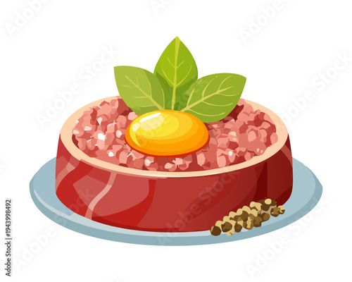 Red meat tartare with egg yolk and herb garnish for classic gourmet appetizer and professional chef presentation - Vector Illustration