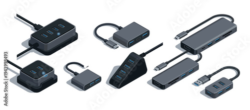 Collection of various gray USB hubs and adapters with multiple ports for connecting peripherals, shown in a clean, modern isometric vector illustration style with subtle shadows