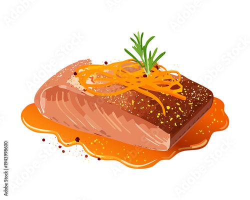 Square chocolate dessert with rosemary garnish and cocoa sprinkle for premium pastry shop and elegant sweet snack - Vector Illustration