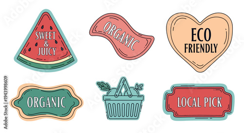 Organic Food Labels and Eco-Friendly Stickers Set, Hand-Drawn Vintage Vector Icons for Farmer's Market, Local Pick, Sweet Watermelon, and Healthy Lifestyle Branding
