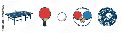 Table tennis sport equipment icon set featuring a blue table, red paddle, white ball, and two circular emblems for championship or club design in a flat vector illustration style