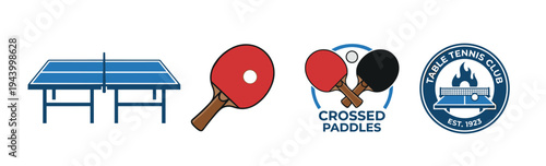 Collection of table tennis logos and icons including a blue table, a red paddle, crossed rackets, and a circular club emblem for sports branding and graphic design projects