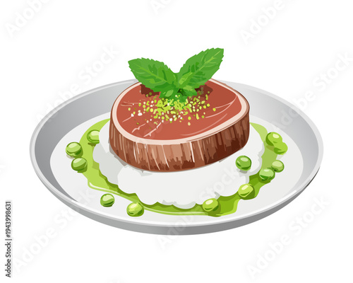 Sliced roasted meat with herb garnish and orange zest for premium catering menu and gourmet deli shop - Vector Illustration