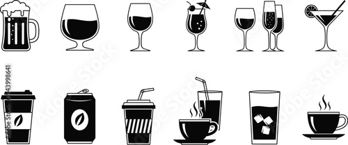 Set of twelve beverage icons in black and white, featuring coffee, tea, beer, wine, cocktails, and soda designs for menus, apps, and branding projects.t