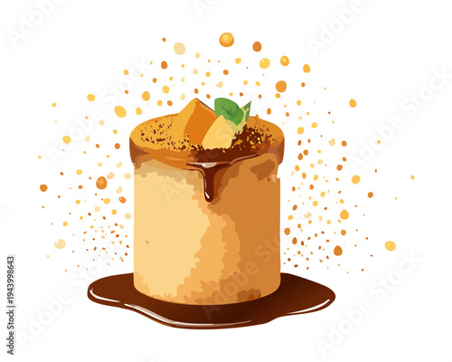 Square caramel dessert with cocoa sprinkle and herb garnish for premium pastry shop and elegant sweet treat - Vector Illustration