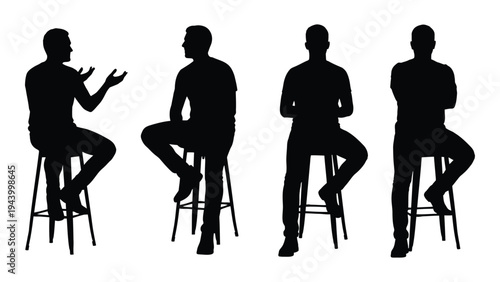 Silhouette of four men sitting on stools in different positions, engaged in conversation or contemplation