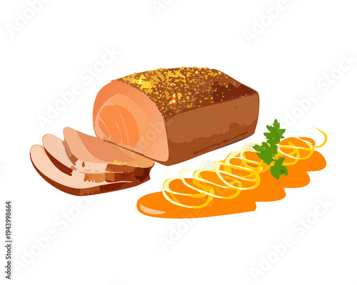 Healthy mushroom soup bowl with flying ingredients for modern vegetarian gourmet menu and creative food art - Vector Illustration