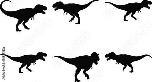 Collection of six black silhouette Tyrannosaurus Rex dinosaurs in various dynamic poses against a white background, representing prehistoric life.
