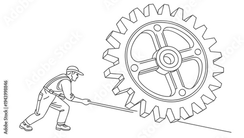 Worker pushes a large gear, symbolizing effort and mechanical process.