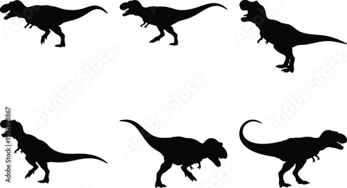 Six distinct black silhouette Tyrannosaurus Rex dinosaurs in varied action poses, showcasing their fearsome appearance on a clean white backdrop.