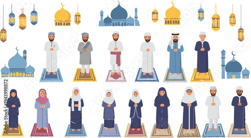 Muslim People Praying Salah in Mosque with Islamic Architecture and Lanterns Illustration Set