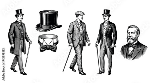 Vintage collection of hand-drawn gentlemen illustrations shows dapper men in classic suits, top hats, and formal wear from a historical era, depicted in a detailed black and white engraving style