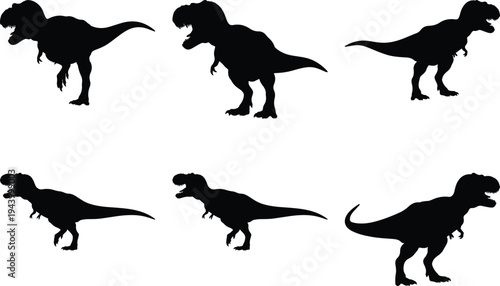 Collection of six black Tyrannosaurus Rex silhouettes in various dynamic poses, isolated on a white background, representing prehistoric life and ancient creatures.