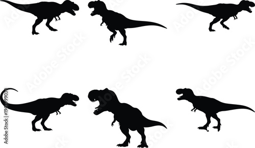 Set of six black Tyrannosaurus Rex silhouettes showcasing different aggressive stances and movements, isolated on a clean white background for versatile use.