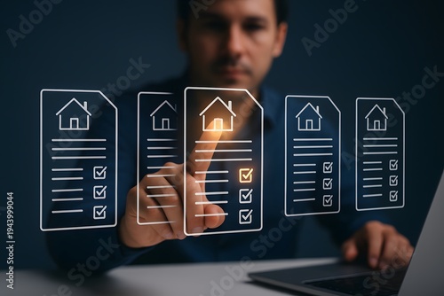 Man uses his finger to interact with a glowing digital interface, selecting a house document icon, symbolizing real estate management, property contracts, and housing solutions.