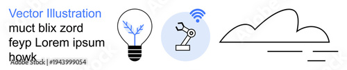 Technology innovation, artificial intelligence, automation processes, cloud computing, wireless data, connectivity. Bulb, robotic arm cloud symbol with wireless icon. Technology innovation