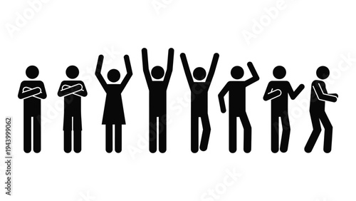 A group of seven black silhouettes of people with various celebratory and engaged poses on a white background for business or educational purposes