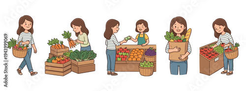 Set of five cute cartoon illustrations showing a woman's grocery shopping journey, from choosing fresh vegetables and fruits at a market to paying a vendor and carrying her food