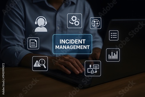 Person actively types on a laptop, surrounded by various digital icons and a central 'incident management' banner, depicting the critical process of handling and resolving operational issues.