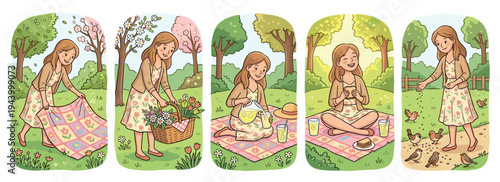 Five-frame illustrated story showing a happy young woman enjoying a solo picnic in a park, from spreading a blanket and pouring lemonade to eating a sandwich and feeding birds