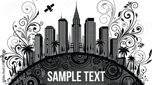 Decorative urban skyline silhouette with ornate floral flourishes and industrial gear patterns for creative city branding and graphic design.