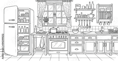 Detailed interior elevation of a rustic retro kitchen featuring a vintage refrigerator, classic gas range, baking accessories, and open pantry shelving.