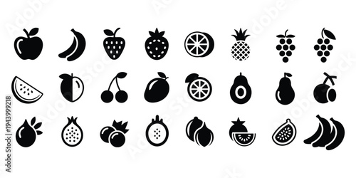 Set of black fruit and vegetable icons on a white background Keywords: apple banana strawberry orange pineapple grapes watermelon
