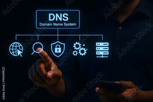 Person interacts with a glowing digital diagram representing dns (domain name system) infrastructure, showing interconnected icons for global network, search, security, and servers.