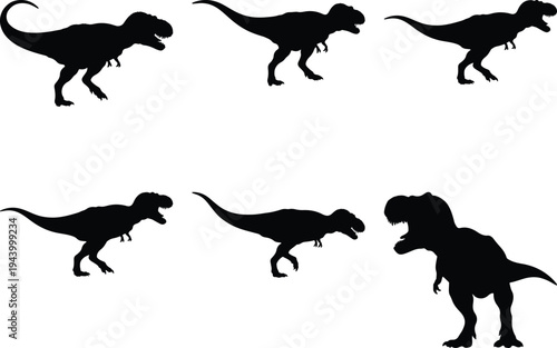 Collection of black silhouettes of Tyrannosaurus Rex dinosaurs in various dynamic poses, illustrating prehistoric life and ancient creatures for graphic design.