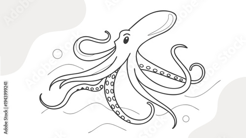 Whimsical illustration of a smiling octopus with flowing tentacles underwater.