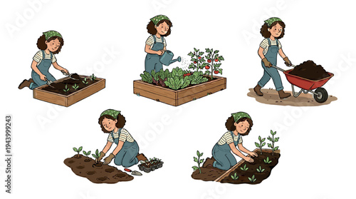 Set of five cartoon illustrations showing a woman gardening, planting seedlings, watering vegetables, and pushing a wheelbarrow with soil in a step-by-step process