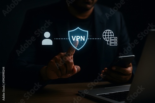 Person interacts with a glowing digital vpn (virtual private network) shield icon, surrounded by user, globe, and server icons, representing secure online connection and privacy.