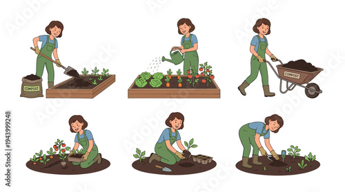Gardening process illustration set showing a woman planting seedlings, watering vegetables, adding compost to a raised bed, and using various garden tools in a cartoon style