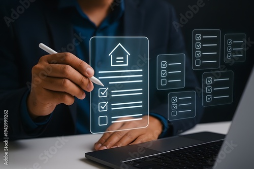 Person is actively using a digital stylus to check off items on a glowing holographic checklist for a house or property, with additional task lists visible nearby.