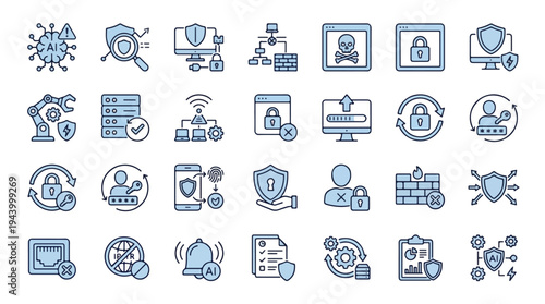 Cybersecurity and AI Protection Icon Set: Blue Line Icons for Network Security, Data Privacy, Cloud Computing, Malware Protection, User Authentication, and Artificial Intelligence
