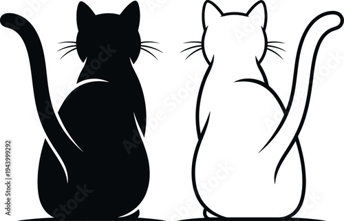 Two cats sitting back to back in black and white
