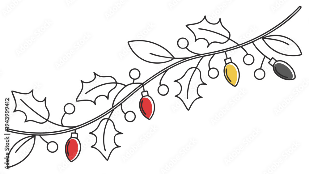 Fototapeta premium Festive holly branch adorned with colorful Christmas lights and berries, perfect for holiday designs.