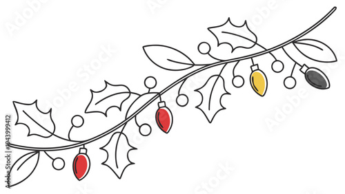 Festive holly branch adorned with colorful Christmas lights and berries, perfect for holiday designs.