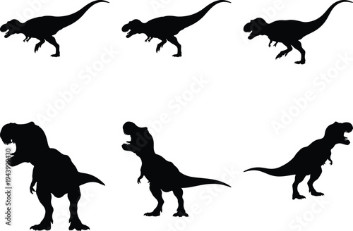 Set of six distinct black silhouette graphics of the Tyrannosaurus Rex dinosaur in different dynamic poses on a white backdrop.