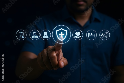 Person points to a glowing digital shield icon with a cross, highlighting medical protection and comprehensive health insurance services, surrounded by healthcare symbols.