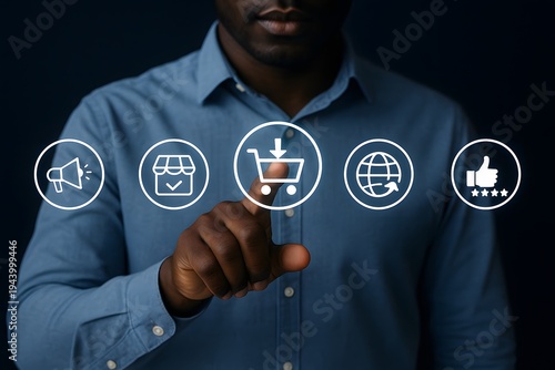 Person points to a glowing digital shopping cart icon, signifying online purchasing and e-commerce activities, surrounded by other relevant digital marketing symbols.