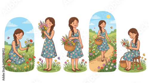 Charming illustrated set of a girl picking wildflowers, holding a bouquet, walking through a sunny field, and arranging flowers in a wicker basket in a pastoral scene