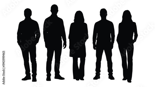 Silhouette of five people standing in a row on white background for illustration or design purpose