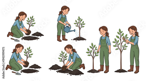 Set of illustrations showing a woman planting a tree sapling, a step-by-step guide from digging the soil to watering the new plant in a charming hand-drawn cartoon style