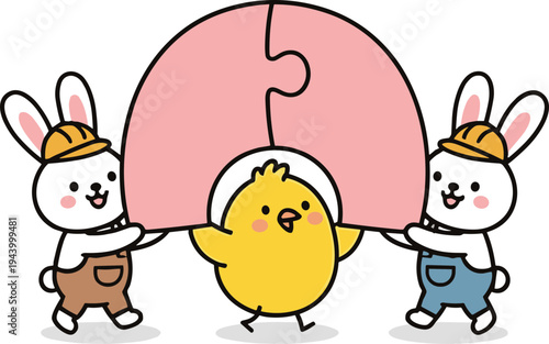 Three rabbits and a chick hold up a pink puzzle piece together outdoors