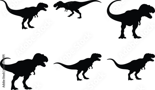 Six detailed black silhouette representations of the mighty Tyrannosaurus Rex dinosaur in various action poses on a plain white background.