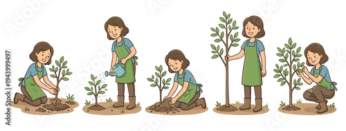 Set of five illustrations showing a woman planting a tree, a step-by-step process including digging, watering, and tending to the young sapling in a charming hand-drawn style