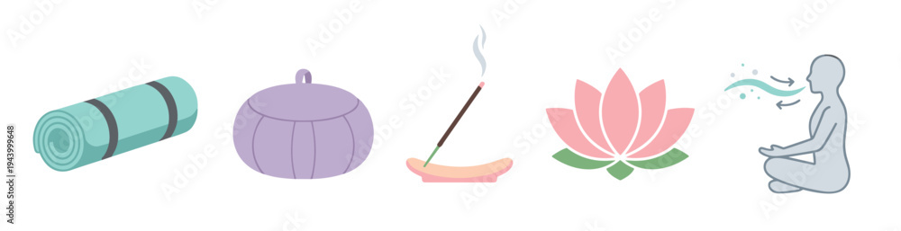 Obraz premium Set of yoga and meditation icons featuring a rolled mat, zafu cushion, incense stick, lotus flower, and a person practicing breathing exercises in a flat vector style