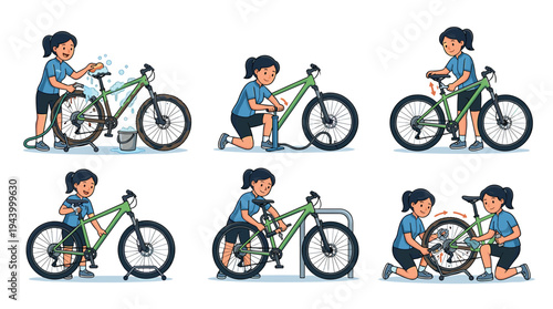 Bicycle maintenance instruction set showing a woman washing her bike, pumping tires, adjusting the seat, locking it, oiling the chain, and cleaning the drivetrain in a cartoon style
