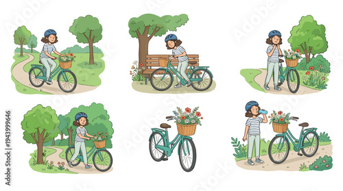 Charming cartoon illustration set of a young woman enjoying a summer day, riding her bicycle with a flower basket, walking in the park, resting on a bench, and drinking water